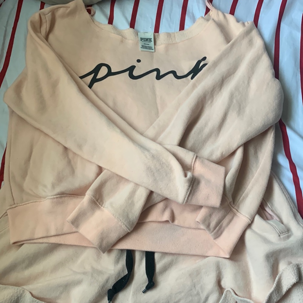 Pink off-shoulder top and shorts